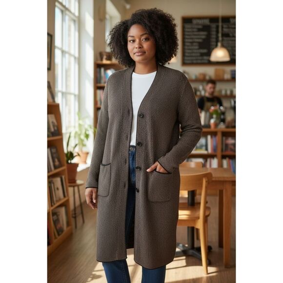 J. Jill Houndstooth Knit Long-Sleeve Long Sweater Coat Duster size Large tweed - Picture 7 of 10